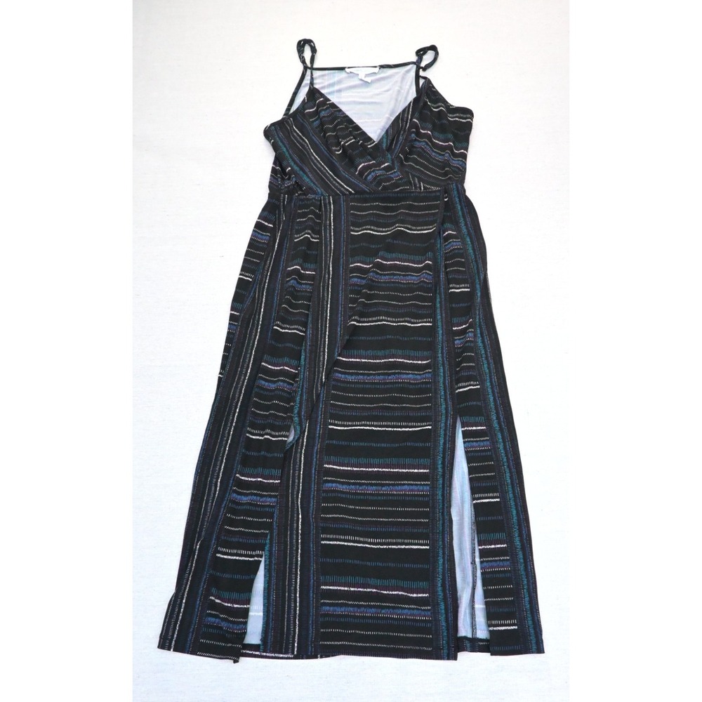 BCBGeneration Womens M Black Maxi Dress Teal Blue Striped Surplice V Neck Slit